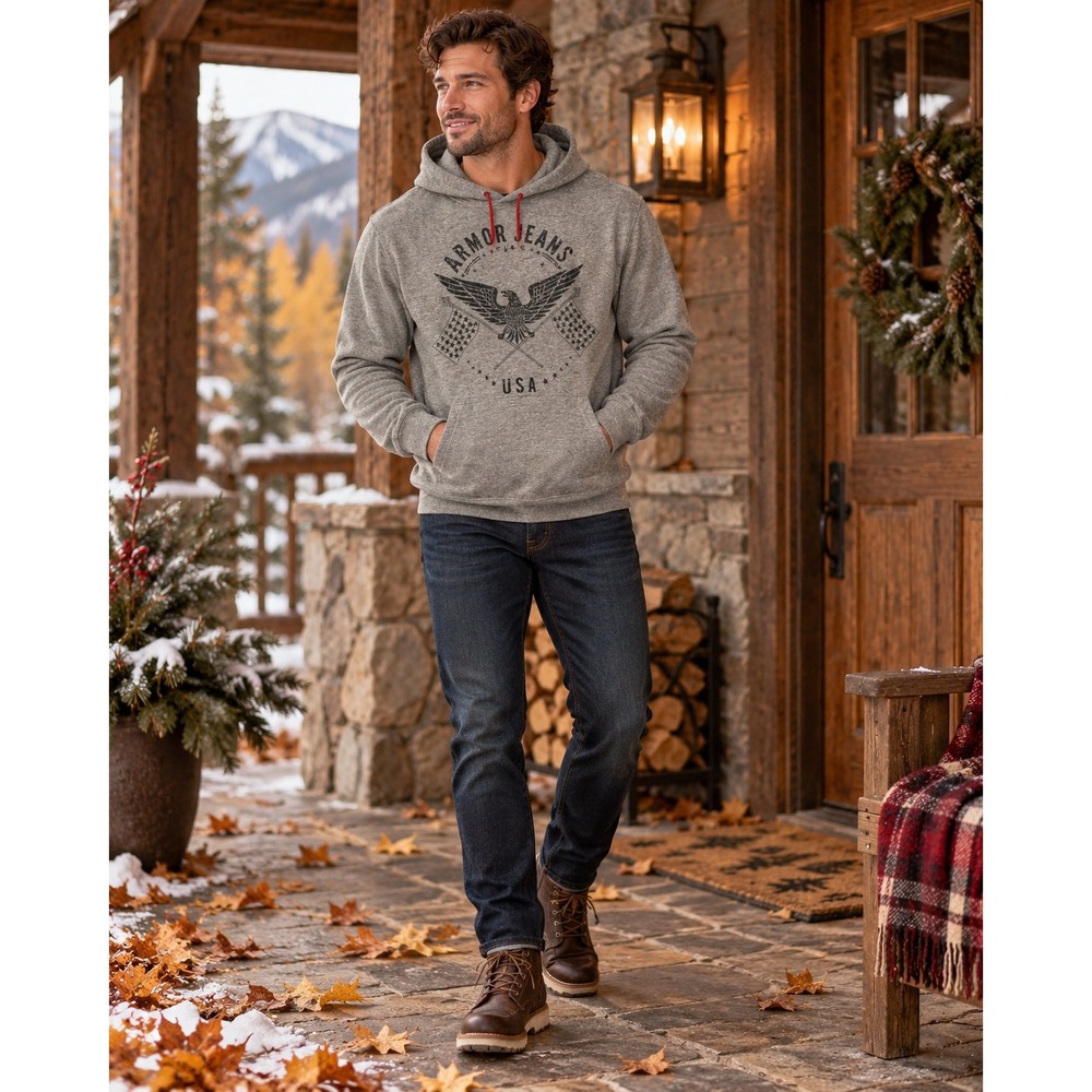 Armor Jeans USA Eagle Graphic Hoodie Gray Pullover Mens M NWT